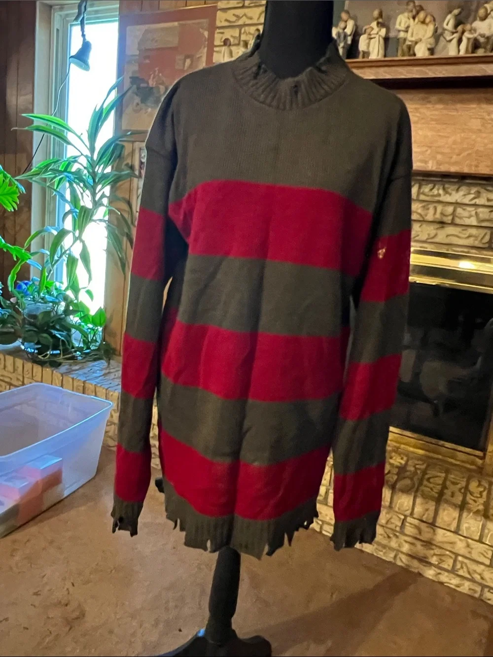 Freddy Kruger Striped Distressed Crewneck Sweater - Gray & Red
